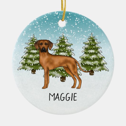 Rhodesian Ridgeback mit Namen Snowy Winterwald Keramik Ornament (Vorne)