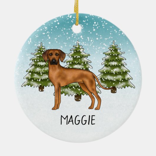 Rhodesian Ridgeback mit Namen Snowy Winterwald Keramik Ornament (Hinten)