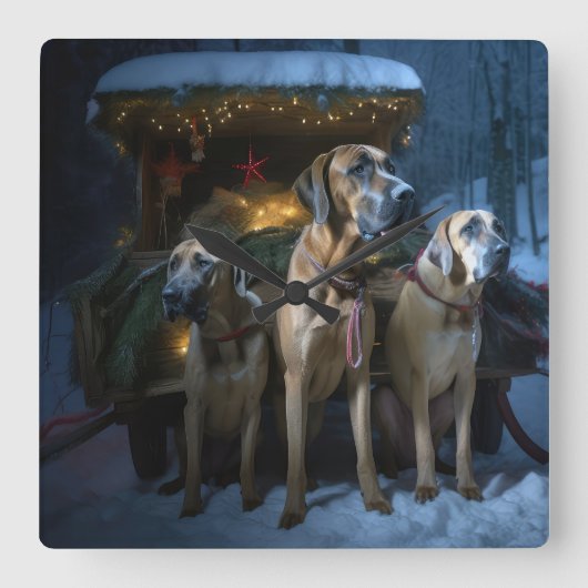 Rhodesian Ridgeback Snowy Sleigh Weihnachtsdekor Quadratische Wanduhr (Vorderseite)