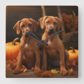 Rhodesian Ridgeback Welppy Autumn Delight Pumpkin Quadratische Wanduhr (Vorderseite)
