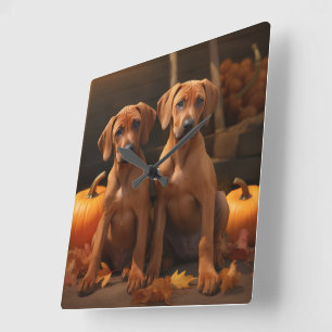 Rhodesian Ridgeback Welppy Autumn Delight Pumpkin Quadratische Wanduhr