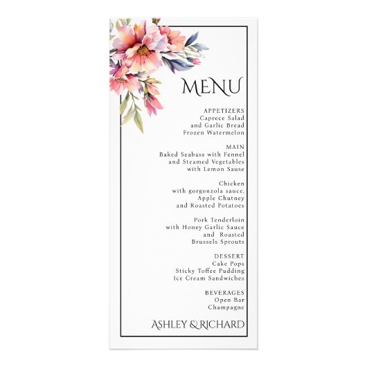 Rhododendron and peach flowers wedding menu card werbekarte (Vorne)