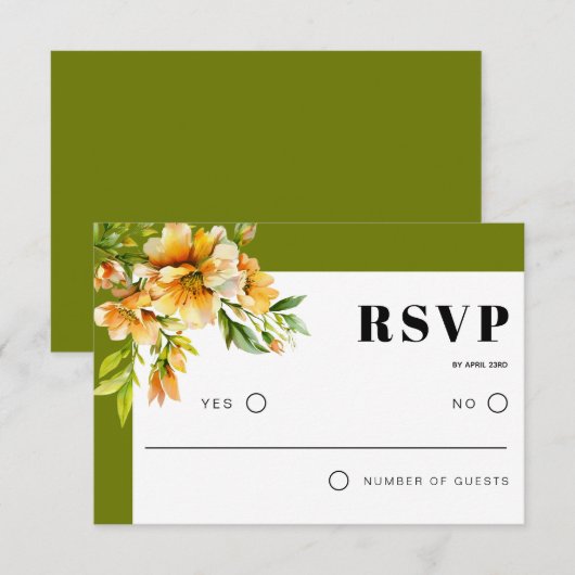Rhododendron branch, orange yellow flowers wedding RSVP karte (Vorne/Hinten)