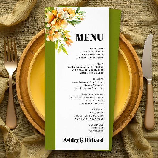 Rhododendron orange yellow fall wedding menu card werbekarte