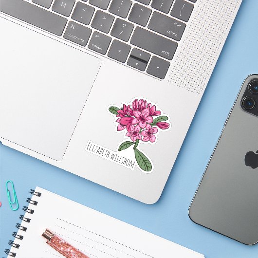 Rhododendron Personalisierter Name Vinyl Sticker (Laptop mit iPhone)