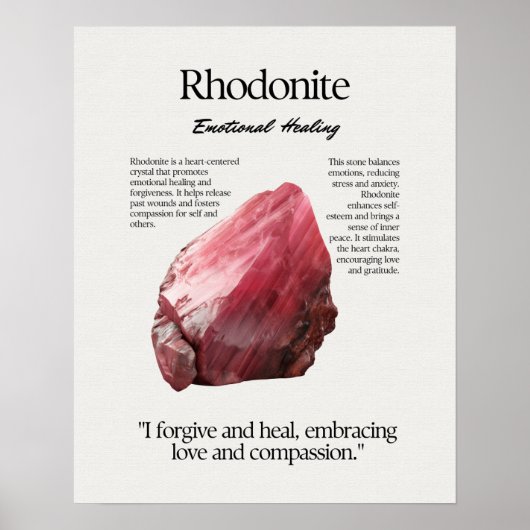 Rhodonite Gem Crystal Meaning Card Poster (Vorne)