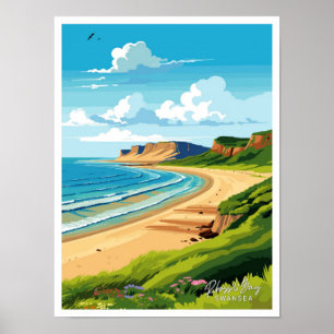 Rhossili Bay Swansea Reise Vintage-Illustration Poster