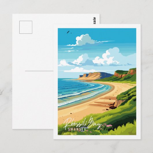 Rhossili Bay Swansea Vintage-Reise-Abbildung Postkarte (Vorne/Hinten)