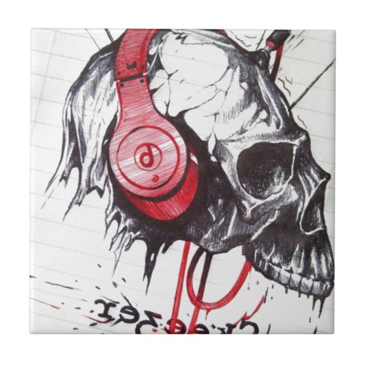 Rhythmischer Schädel mit roten Kopfhörern Grunge-S Fliese (Vorderseite)