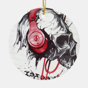 Rhythmischer Totenkopf Roter Kopfhörer Dark Art De Keramikornament
