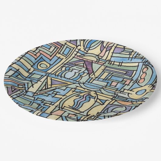 Rhythmus in blauer Hand bemalt moderne geometrisch Pappteller (Schrägansicht)