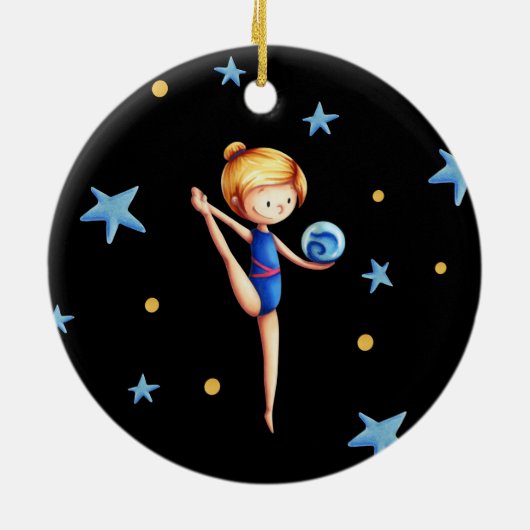 Rhythmusgymnast Weiß, Blau und Schwarz mit Ball Keramik Ornament (Hinten)