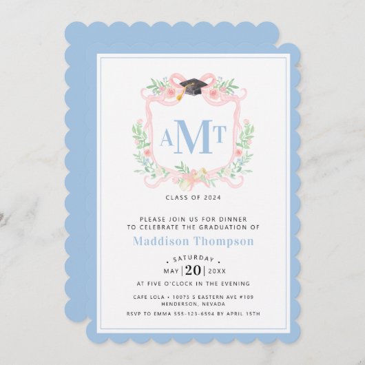 Ribbon-Abschluss | 3 Letter Blue Monogram Wappen Einladung (Vorne/Hinten)