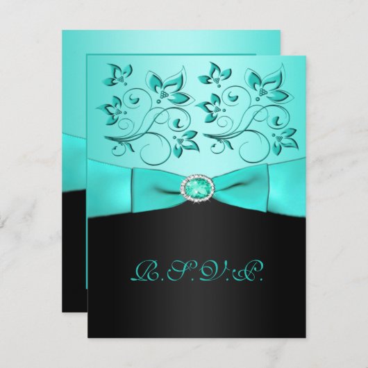 RIBBON Aqua, Black Floral II RSVP-Karte RSVP Karte (Vorne/Hinten)