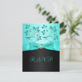 RIBBON Aqua, RSVP-Karte mit schwarzer Blüte RSVP Karte (Stehend Vorderseite)