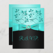 RIBBON Aqua, RSVP-Karte mit schwarzer Blüte RSVP Karte (Vorne/Hinten)
