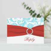 RIBBON Aqua, White, Red Damask RSVP-Karte RSVP Karte (Stehend Vorderseite)