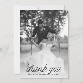 Ribbon Black Script Minimalist Wedding Photo Dankeskarte