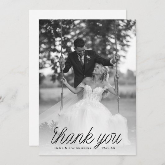Ribbon Black Script Minimalist Wedding Photo Dankeskarte (Vorne/Hinten)