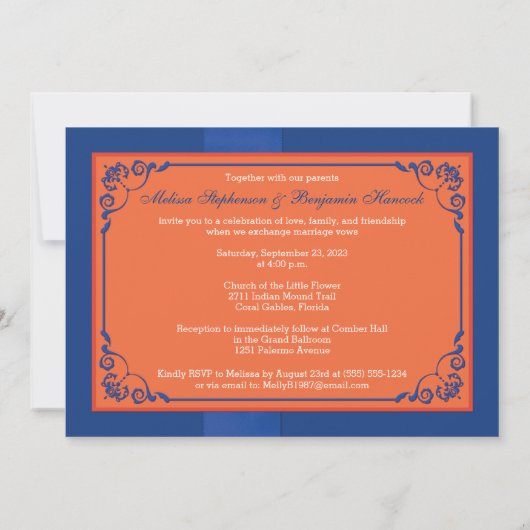 RIBBON Blau, Orangefarbene Blumenzwiebeln Einladung (Rückseite)