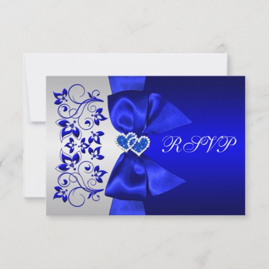 RIBBON Blau, Silver Floral Wedding RSVP Karte (Vorderseite)