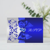 RIBBON Blau, Silver Floral Wedding RSVP Karte (Stehend Vorderseite)