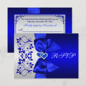 RIBBON Blau, Silver Floral Wedding RSVP Karte (Vorne/Hinten)