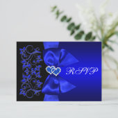 RIBBON Blue, Black Floral Wedding RSVP (Stehend Vorderseite)