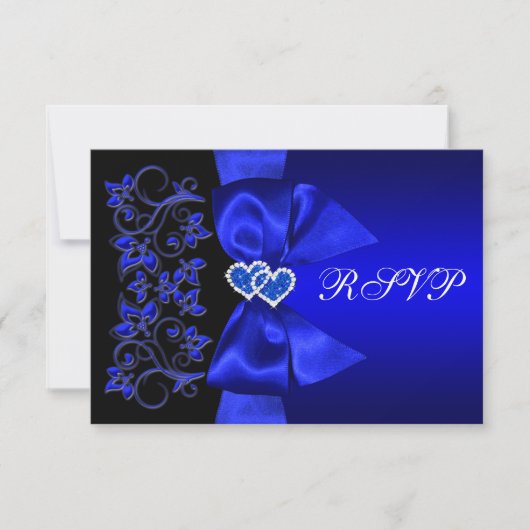 RIBBON Blue, Black Floral Wedding RSVP Karte (Vorderseite)