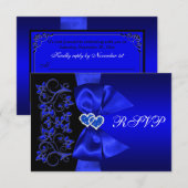 RIBBON Blue, Black Floral Wedding RSVP Karte (Vorne/Hinten)