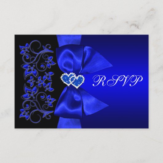 RIBBON Blue, Black Floral Wedding RSVP Karte (Vorderseite)