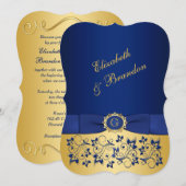 RIBBON Blue, Gold Floral Wedite 2 Einladung (Vorne/Hinten)