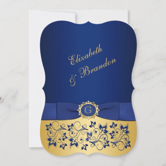 RIBBON Blue, Gold Floral Wedite 2 Einladung (Vorderseite)