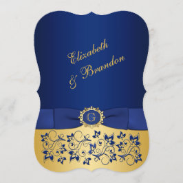 RIBBON Blue, Gold Floral Wedite 2 Einladung