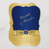 RIBBON Blue, Gold Floral Wedite 4 Einladung (Vorne/Hinten)