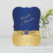RIBBON Blue, Gold Floral Wedite 4 Einladung (Stehend Vorderseite)