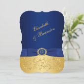 RIBBON Blue, Gold Floral Wedite Einladung (Stehend Vorderseite)