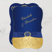 RIBBON Blue, Gold Floral Wedite Einladung 5 (Vorne/Hinten)