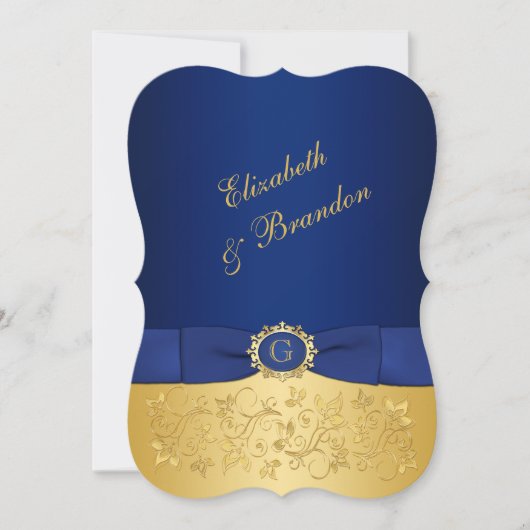 RIBBON Blue, Gold Floral Wedite Einladung 5 (Vorderseite)