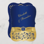 RIBBON Blue, Gold Floral Wedite Einladung 7 (Vorne/Hinten)