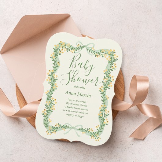 Ribbon Bow and Greenery Baby Shower Invitation Einladung