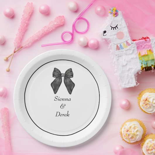 Ribbon Bow Classic Black & White Wedding Pappteller (Party)