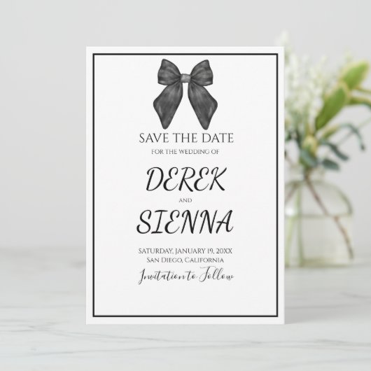 Ribbon Bow Classic Black & White Wedding Save The Date (Stehend Vorderseite)