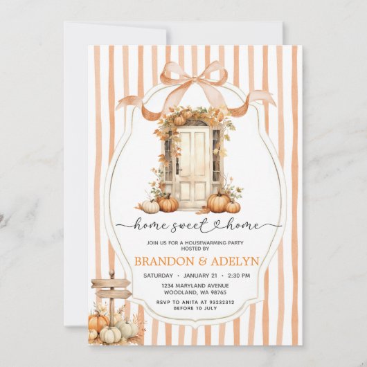 Ribbon Bow Pumpkin Housewarming Zuhause Sweet Zuha Einladung (Vorderseite)