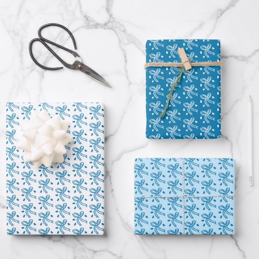 Ribbon Bows Doodle CHRISTMAS HANUKKAH Holiday Blue Geschenkpapier Set (Vorderseite)