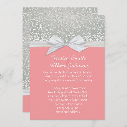 Ribbon Coral/Silver Lace Damask Wedite Einladung (Vorne/Hinten)