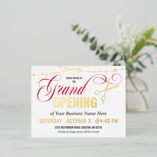 Ribbon Cutting Grand Opening Gold Folie Einladungspostkarte (Stehend vorne)