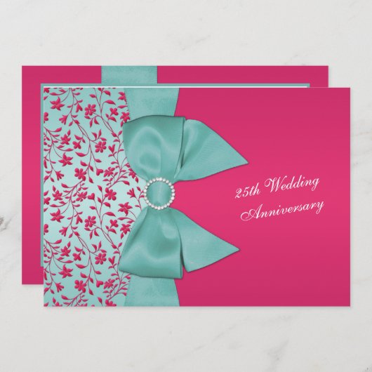 RIBBON Fuschia, Grüner 25. Jahrestag Einladung (Vorne/Hinten)