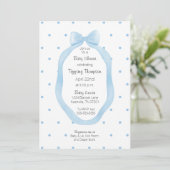 Ribbon Gerahmt Blue and White Bow Polka Dots Einladung (Stehend Vorderseite)
