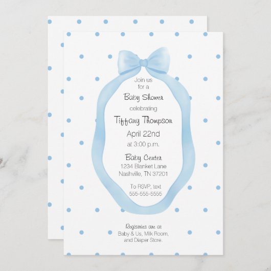 Ribbon Gerahmt Blue and White Bow Polka Dots Einladung (Vorne/Hinten)